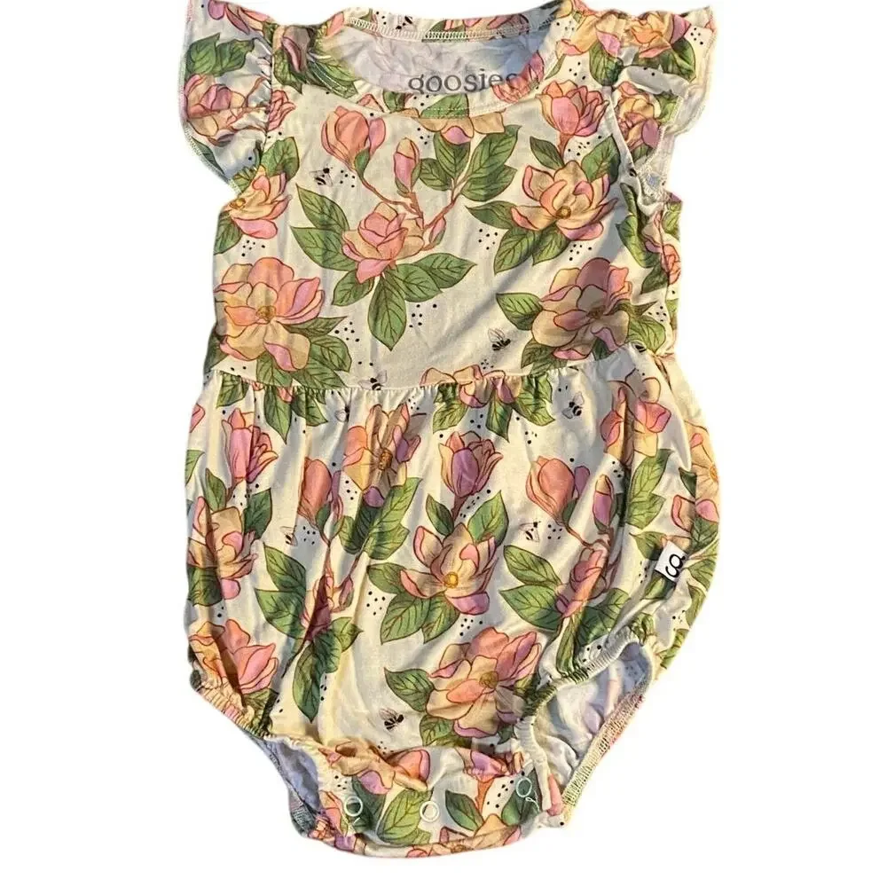 Goosies blush floral bee bamboo short ruffle sleeve bubble romper‎ SIZE 3-6M